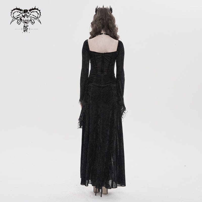 DEVILFASHION Women's Gothic Chained Plunging Split Maxi Dress