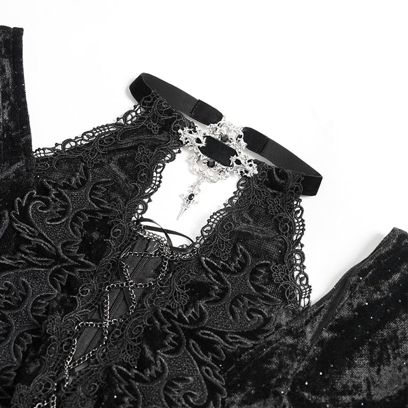 DEVILFASHION Women's Gothic Chained Plunging Split Maxi Dress