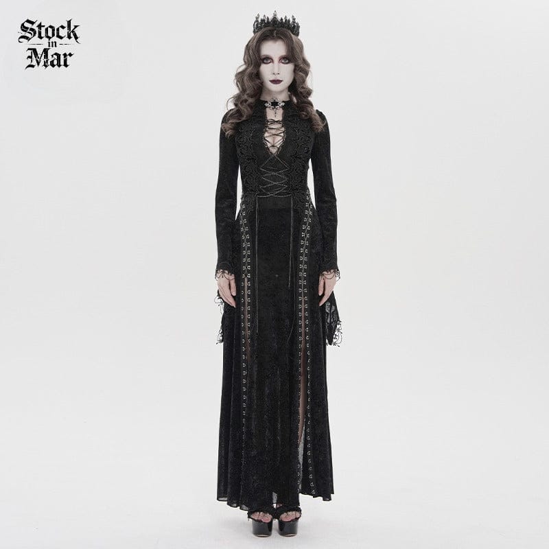 DEVILFASHION Women's Gothic Chained Plunging Split Maxi Dress