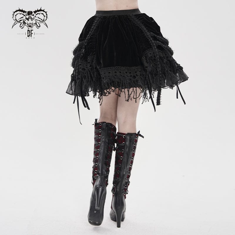 DEVILFASHION Women's Gothic Chained Tassels Layered Short Skirt Black
