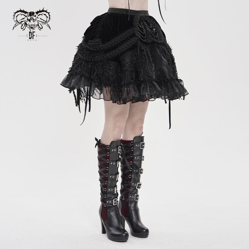 DEVILFASHION Women's Gothic Chained Tassels Layered Short Skirt Black
