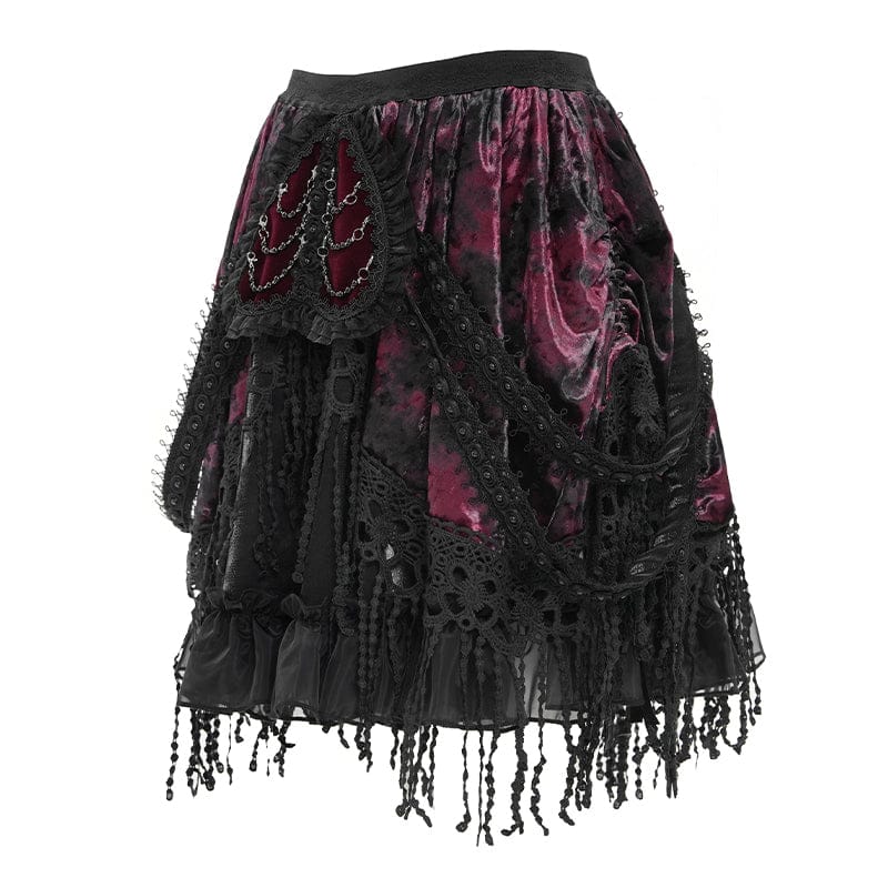 DEVILFASHION Women's Gothic Chained Tassels Layered Short Skirt Black-Red