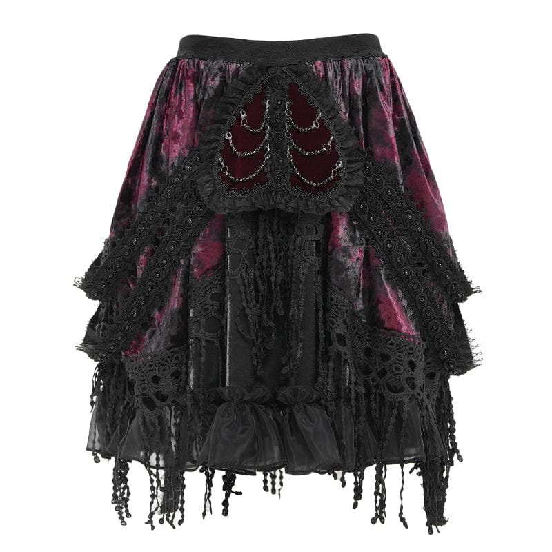 DEVILFASHION Women's Gothic Chained Tassels Layered Short Skirt Black-Red