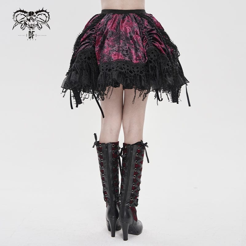 DEVILFASHION Women's Gothic Chained Tassels Layered Short Skirt Black-Red