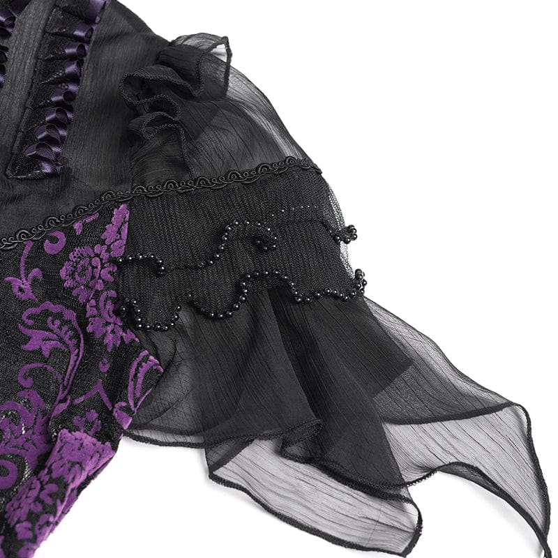 DEVILFASHION Women's Gothic Floral Stand Collar Short Sleeved Mesh Shirt