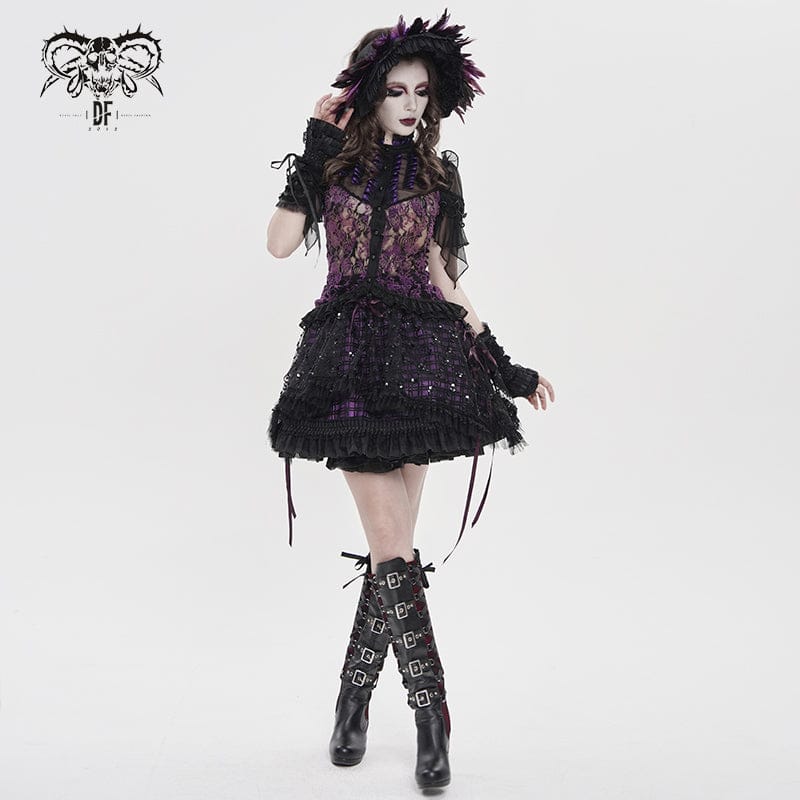 DEVILFASHION Women's Gothic Floral Stand Collar Short Sleeved Mesh Shirt