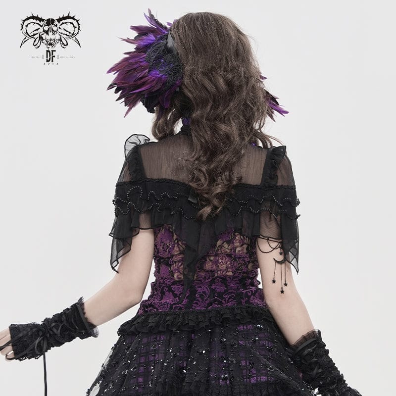 DEVILFASHION Women's Gothic Floral Stand Collar Short Sleeved Mesh Shirt