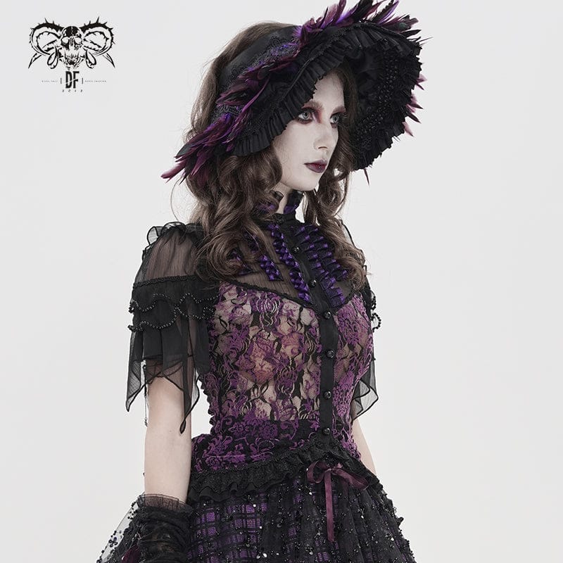 DEVILFASHION Women's Gothic Floral Stand Collar Short Sleeved Mesh Shirt