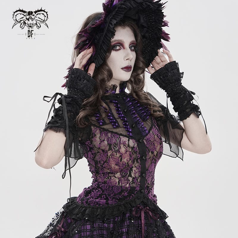 DEVILFASHION Women's Gothic Floral Stand Collar Short Sleeved Mesh Shirt