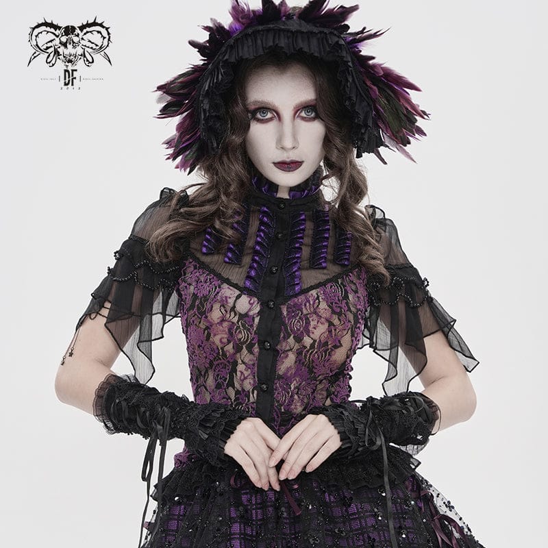 DEVILFASHION Women's Gothic Floral Stand Collar Short Sleeved Mesh Shirt