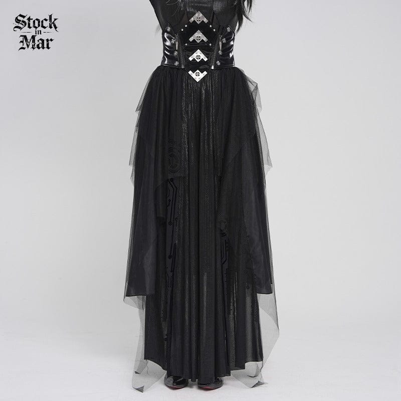 DEVILFASHION Women's Gothic Irregular Mesh Printed Lace-up Long Skirt