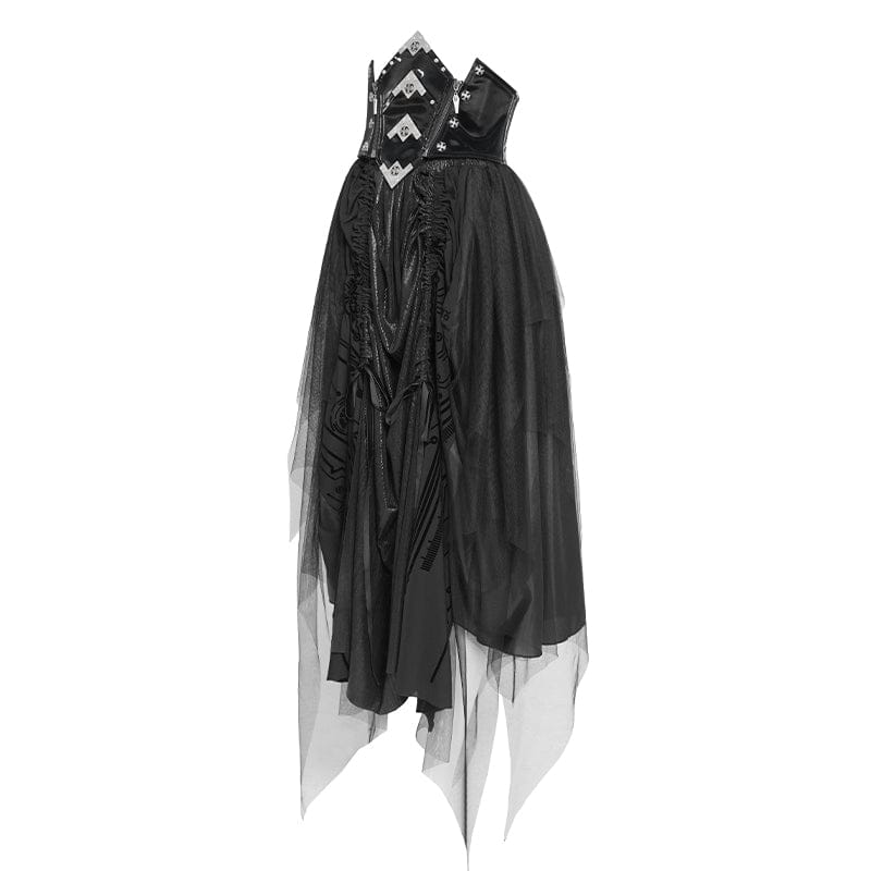 DEVILFASHION Women's Gothic Irregular Mesh Printed Lace-up Long Skirt