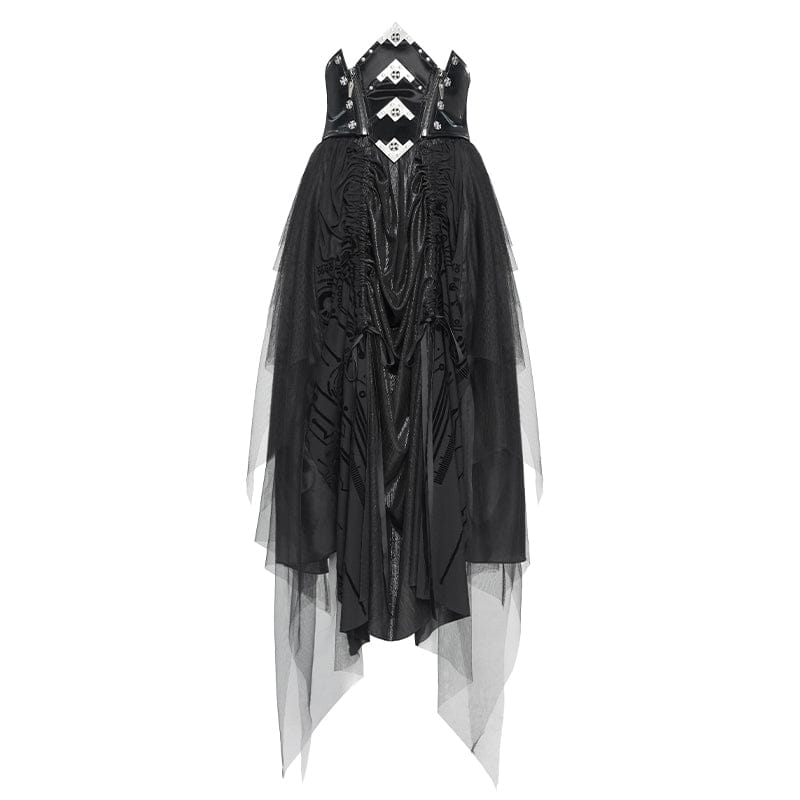 DEVILFASHION Women's Gothic Irregular Mesh Printed Lace-up Long Skirt