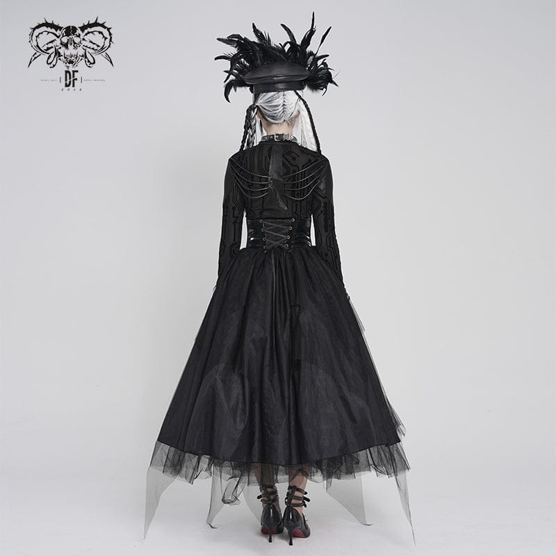 DEVILFASHION Women's Gothic Irregular Mesh Printed Lace-up Long Skirt