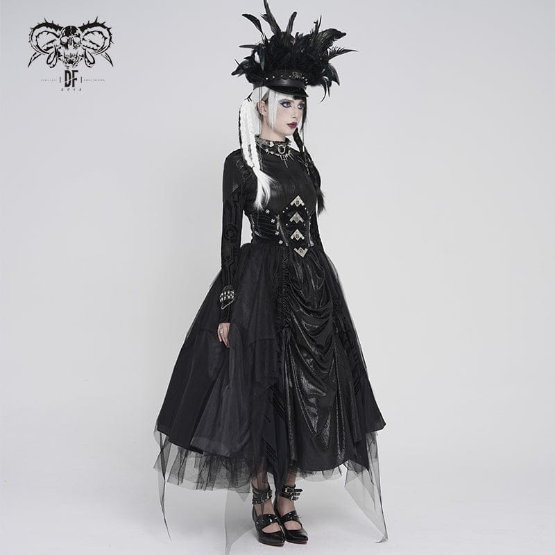 DEVILFASHION Women's Gothic Irregular Mesh Printed Lace-up Long Skirt