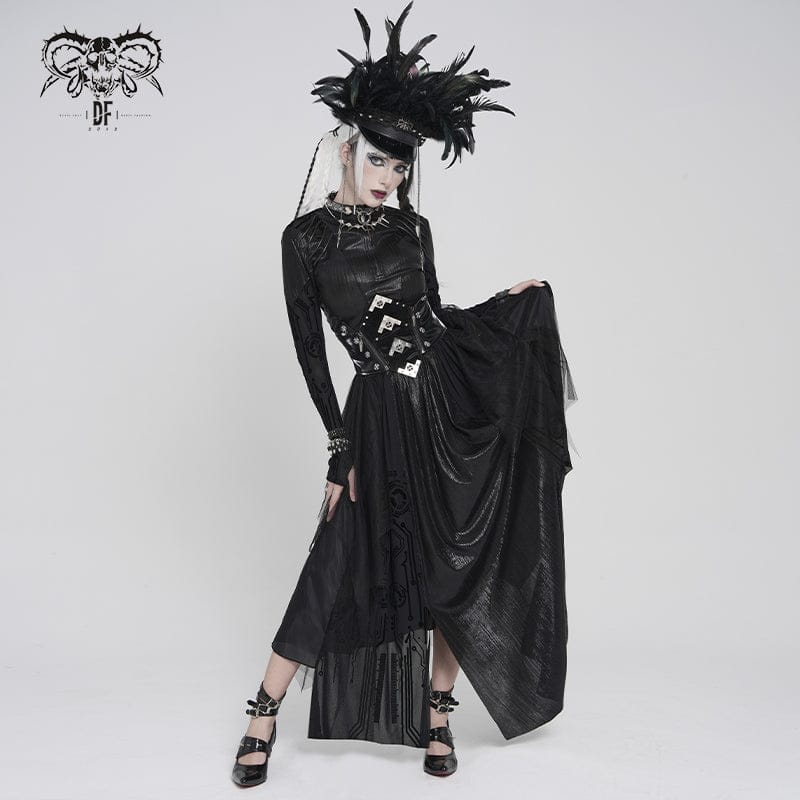 DEVILFASHION Women's Gothic Irregular Mesh Printed Lace-up Long Skirt