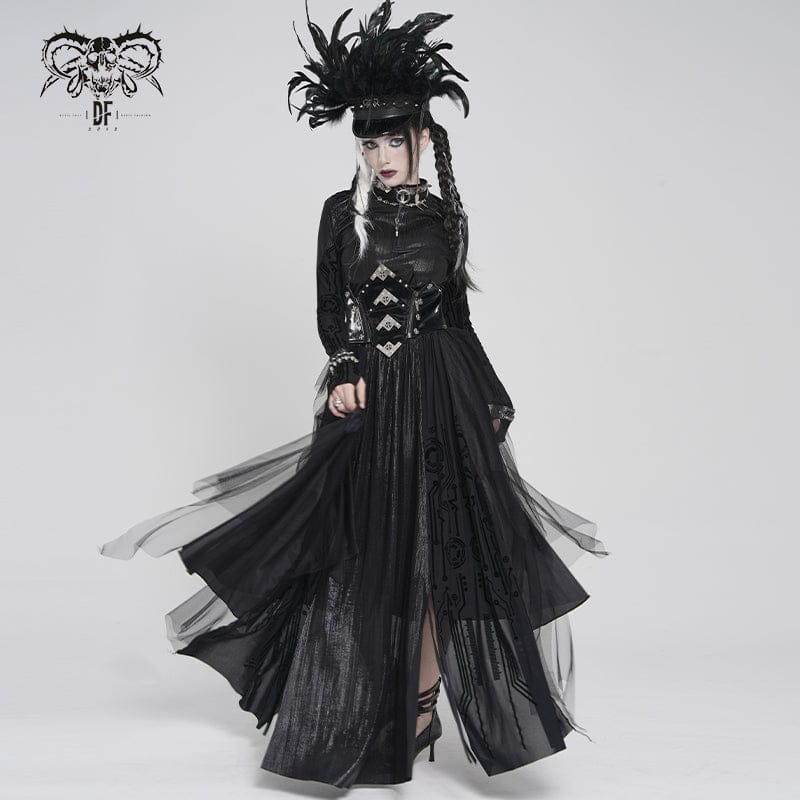 DEVILFASHION Women's Gothic Irregular Mesh Printed Lace-up Long Skirt