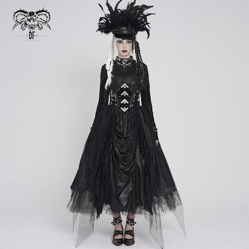 DEVILFASHION Women's Gothic Irregular Mesh Printed Lace-up Long Skirt