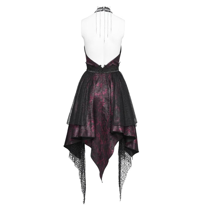 DEVILFASHION Women's Gothic Irregular Plunging Tassels Halterneck Dress