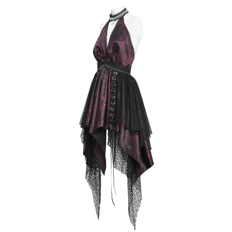 DEVILFASHION Women's Gothic Irregular Plunging Tassels Halterneck Dress