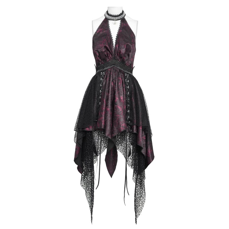 DEVILFASHION Women's Gothic Irregular Plunging Tassels Halterneck Dress