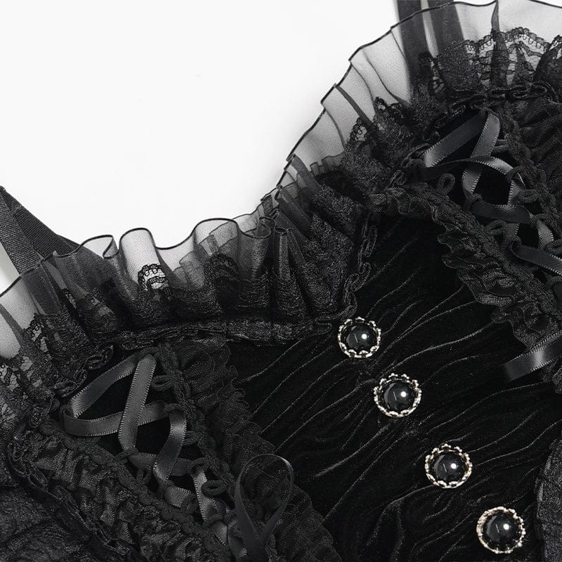 DEVILFASHION Women's Gothic Lace Ruffled Ruched Bustier Black