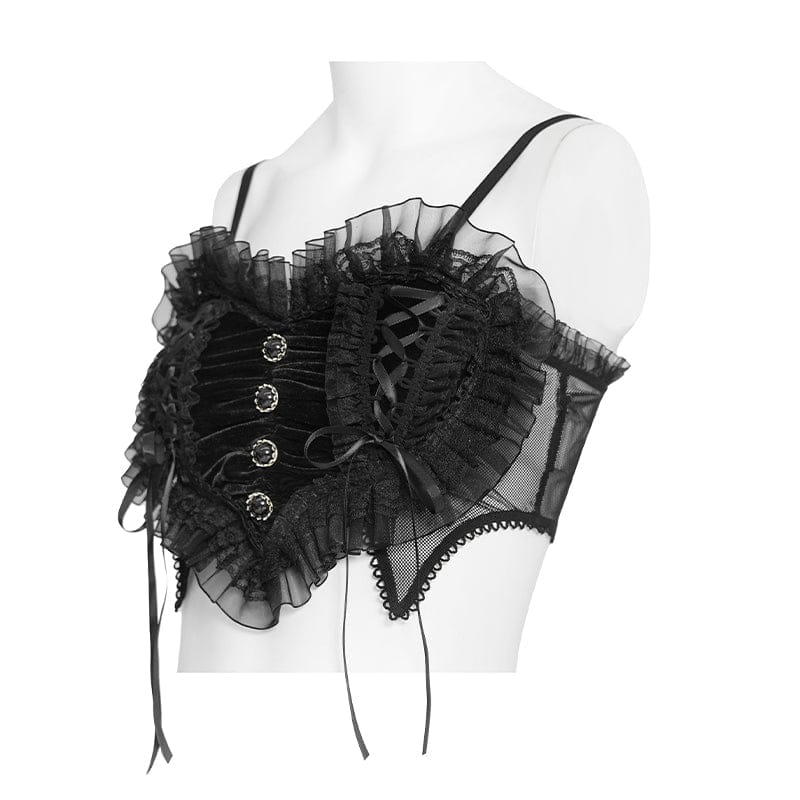 DEVILFASHION Women's Gothic Lace Ruffled Ruched Bustier Black