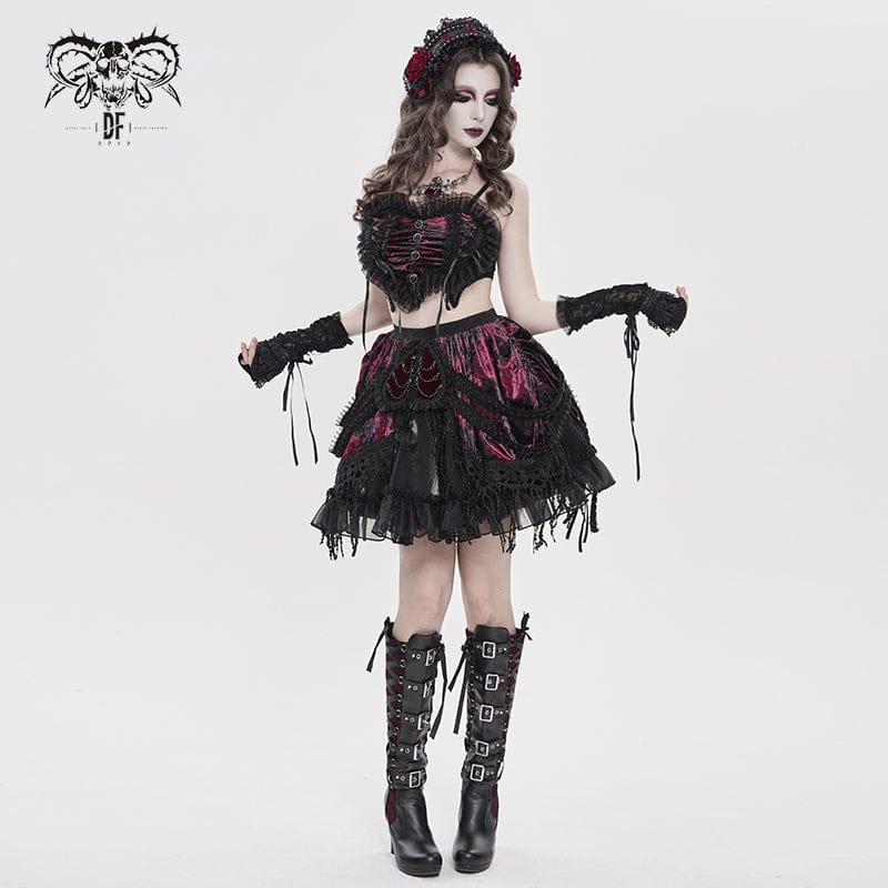 DEVILFASHION Women's Gothic Lace Ruffled Ruched Bustier Black-Red