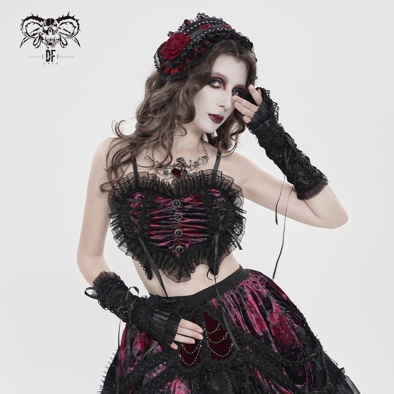 DEVILFASHION Women's Gothic Lace Ruffled Ruched Bustier Black-Red