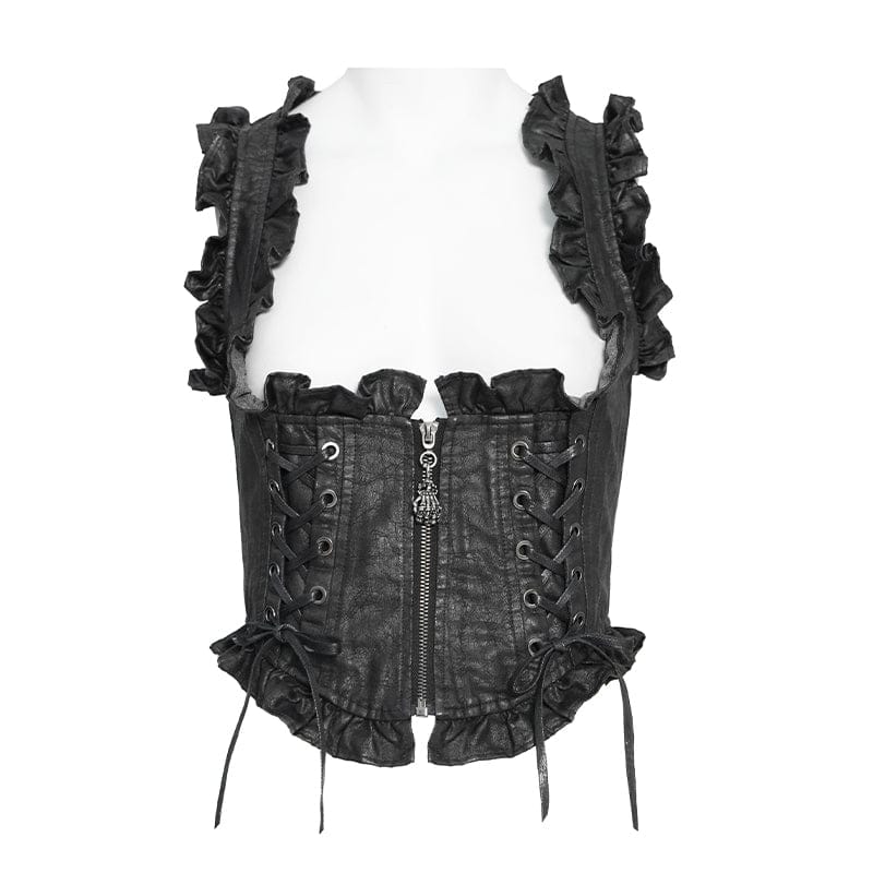 DEVILFASHION Women's Gothic Lace-up Zip Swallow-tailed Vest Black