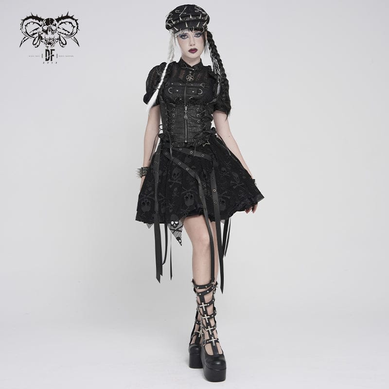 DEVILFASHION Women's Gothic Lace-up Zip Swallow-tailed Vest Black