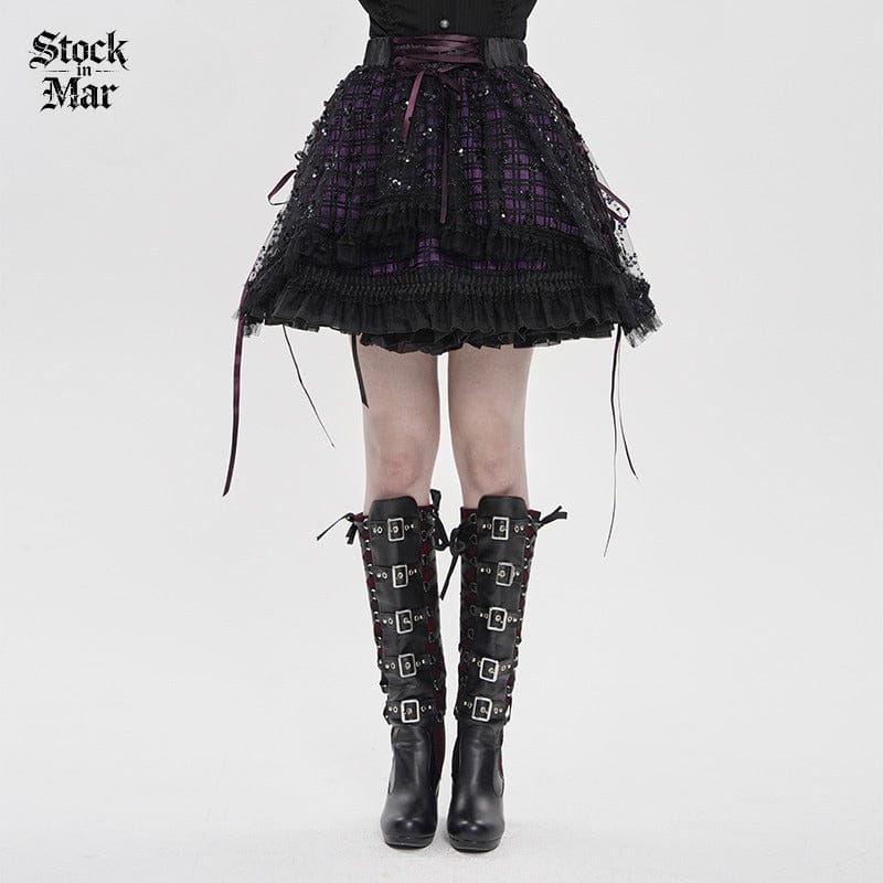 DEVILFASHION Women's Gothic Layered Lace-up Plaid Skirt Black-Purple