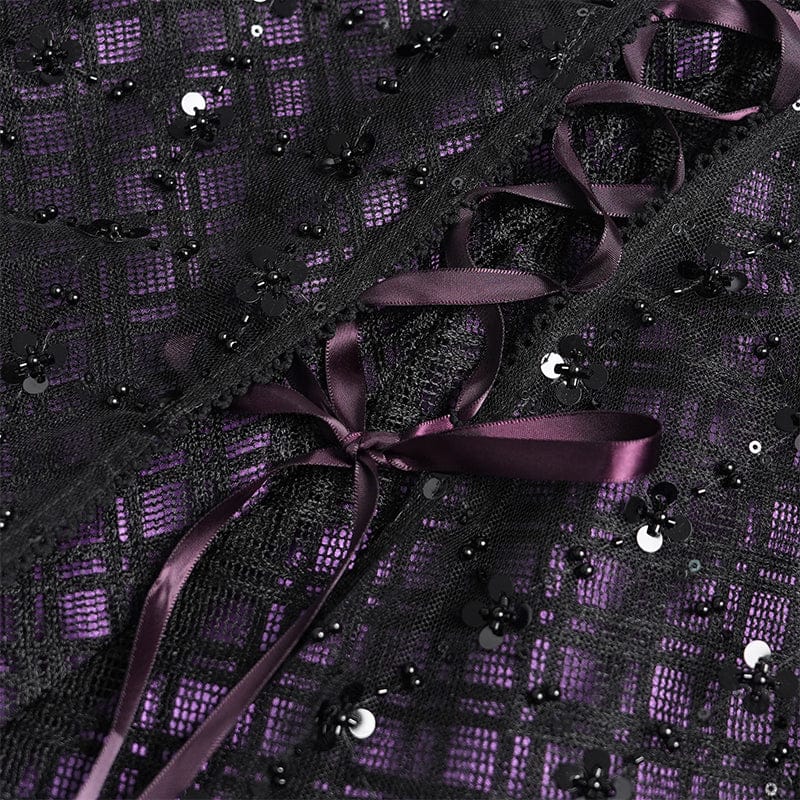 DEVILFASHION Women's Gothic Layered Lace-up Plaid Skirt Black-Purple