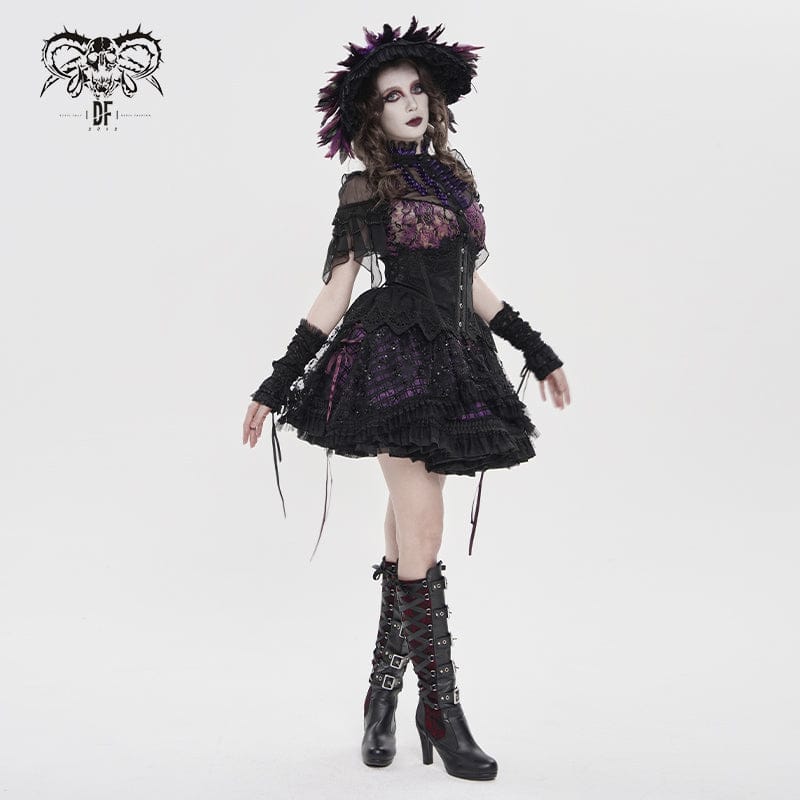 DEVILFASHION Women's Gothic Layered Lace-up Plaid Skirt Black-Purple