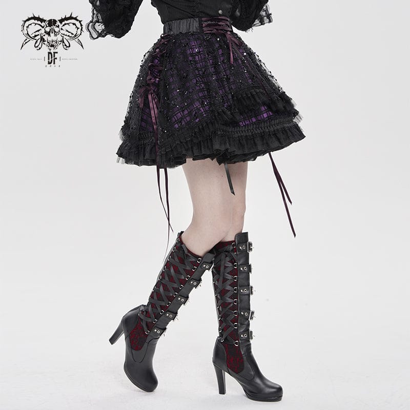 DEVILFASHION Women's Gothic Layered Lace-up Plaid Skirt Black-Purple
