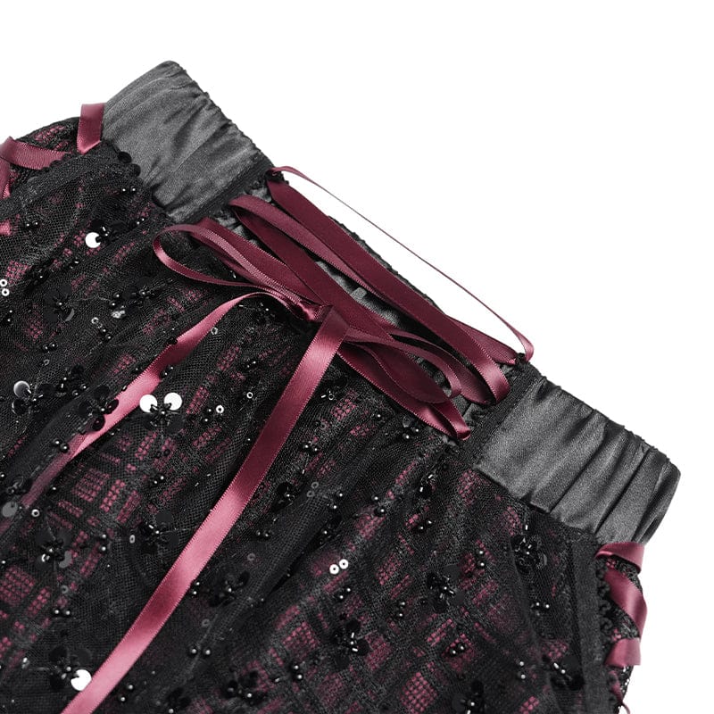 DEVILFASHION Women's Gothic Layered Lace-up Plaid Skirt Black-Red