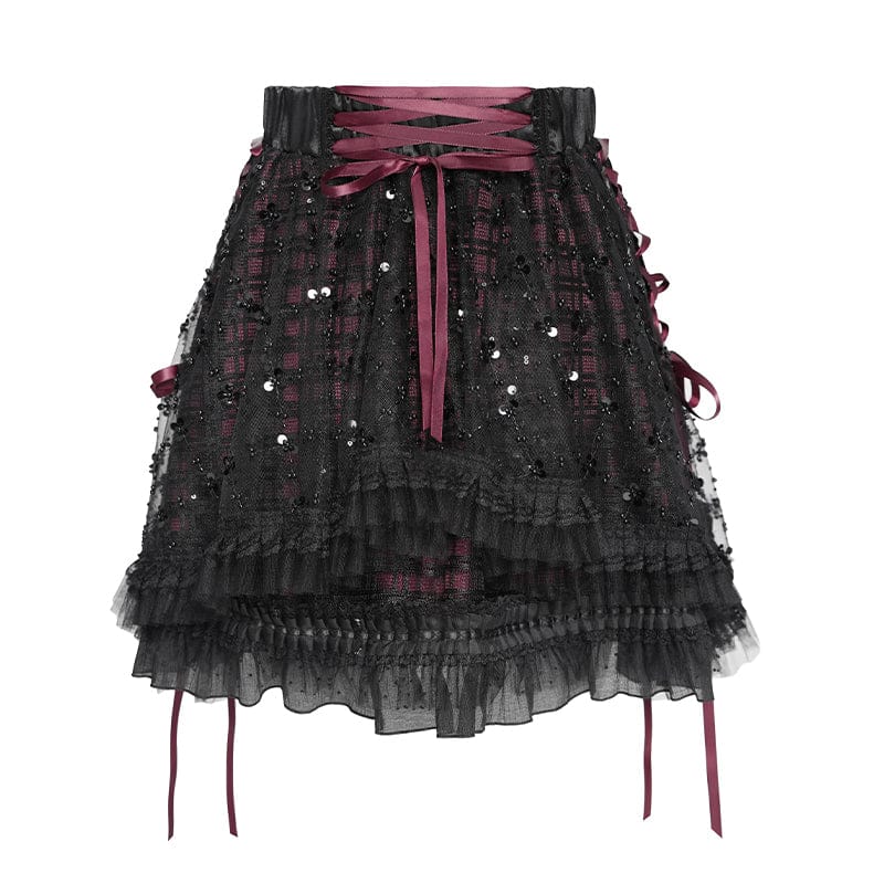 DEVILFASHION Women's Gothic Layered Lace-up Plaid Skirt Black-Red