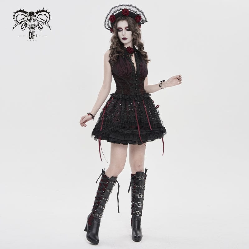 DEVILFASHION Women's Gothic Layered Lace-up Plaid Skirt Black-Red