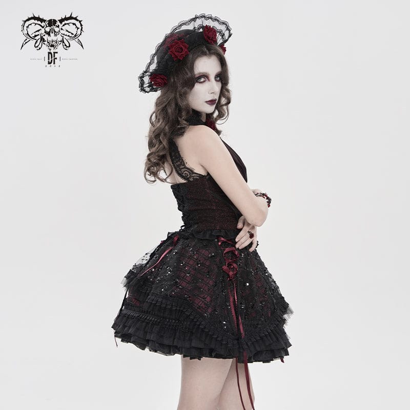 DEVILFASHION Women's Gothic Layered Lace-up Plaid Skirt Black-Red