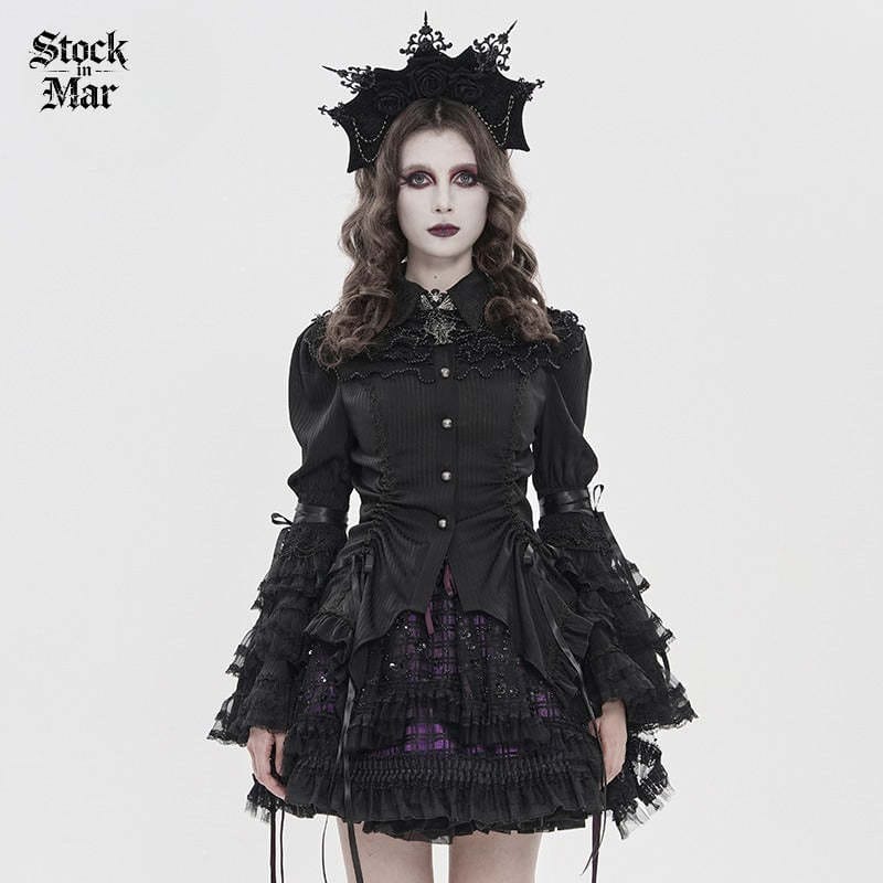 DEVILFASHION Women's Gothic Pinstripe Drawstring Flared Sleeved Shirt Black