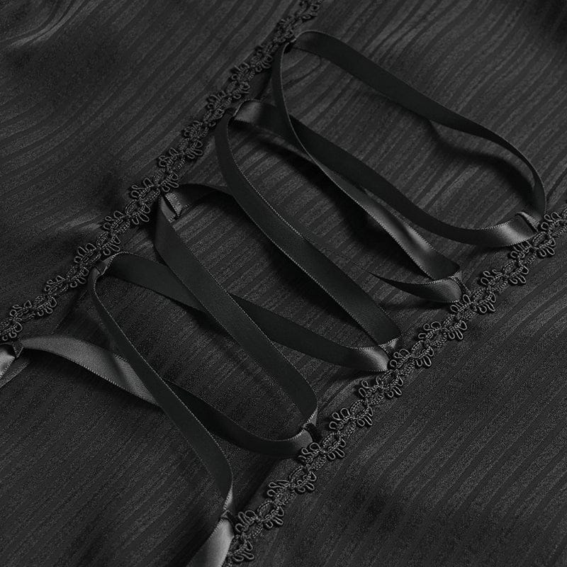 DEVILFASHION Women's Gothic Pinstripe Drawstring Flared Sleeved Shirt Black