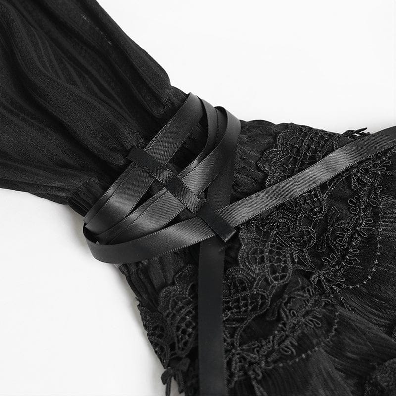 DEVILFASHION Women's Gothic Pinstripe Drawstring Flared Sleeved Shirt Black