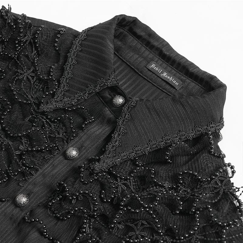 DEVILFASHION Women's Gothic Pinstripe Drawstring Flared Sleeved Shirt Black