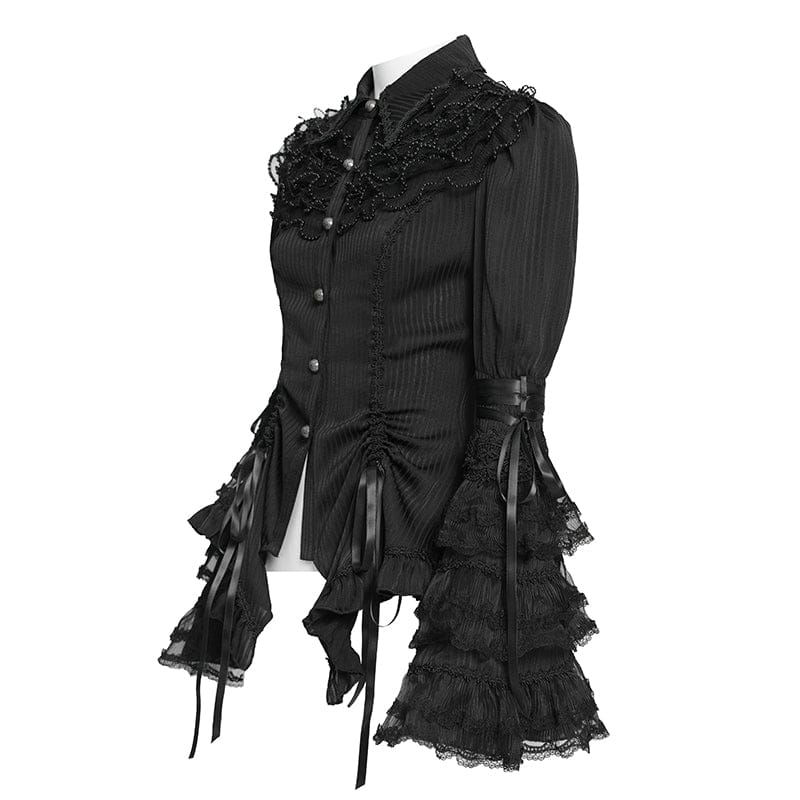 DEVILFASHION Women's Gothic Pinstripe Drawstring Flared Sleeved Shirt Black