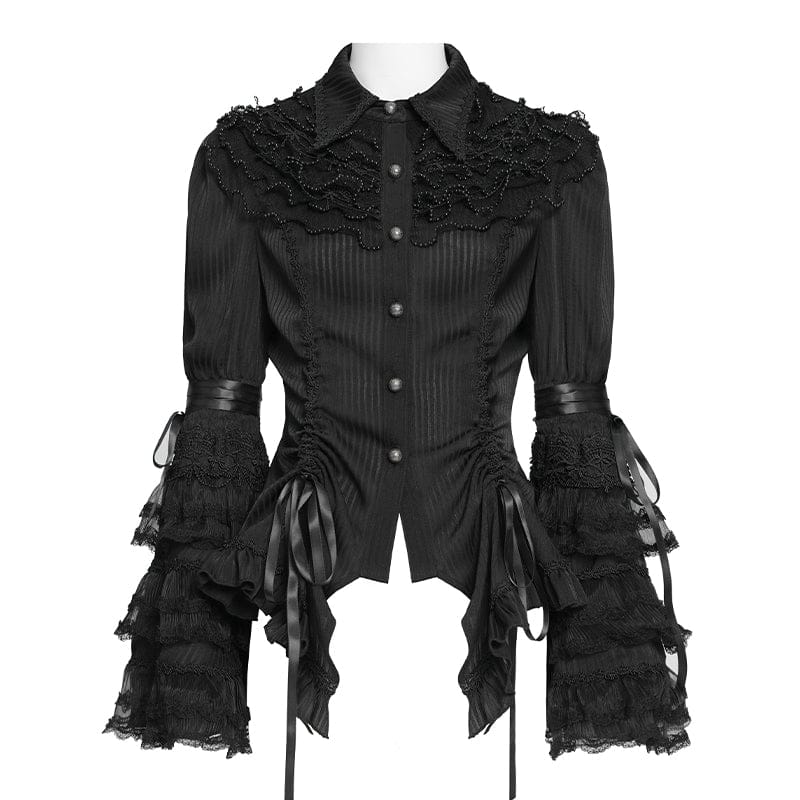 DEVILFASHION Women's Gothic Pinstripe Drawstring Flared Sleeved Shirt Black