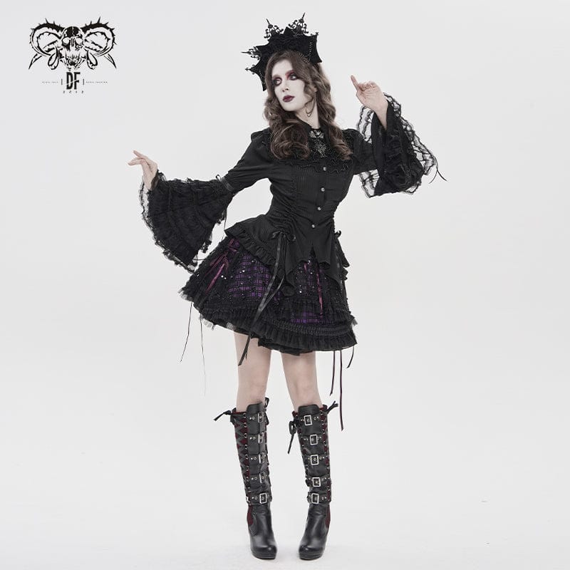 DEVILFASHION Women's Gothic Pinstripe Drawstring Flared Sleeved Shirt Black