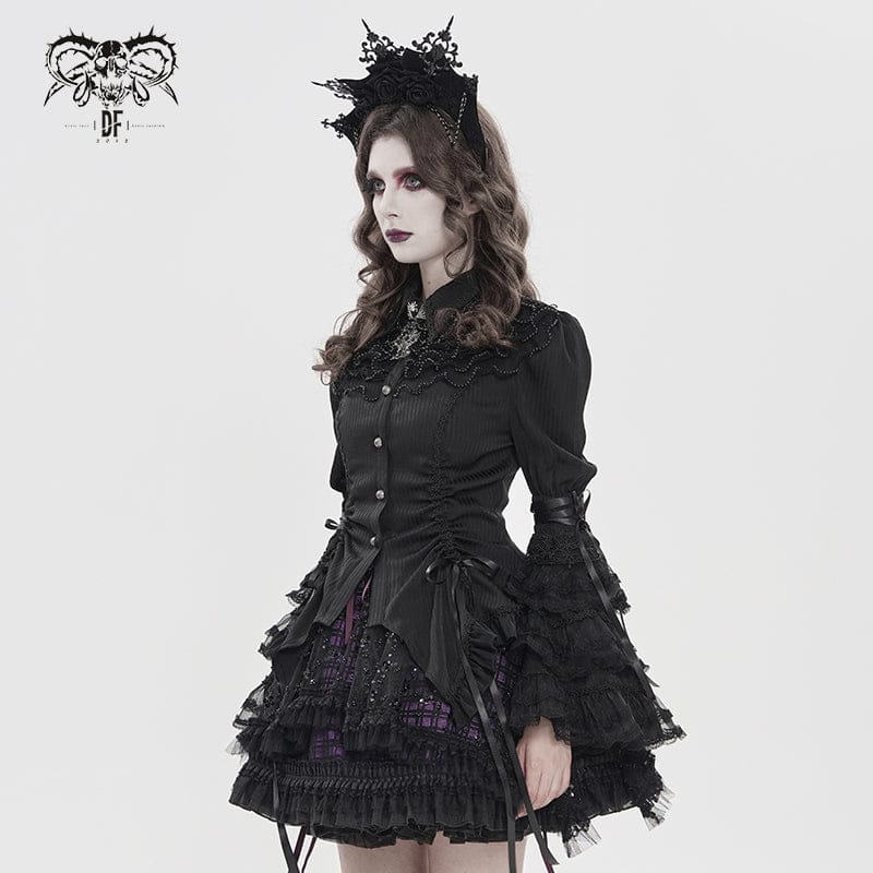 DEVILFASHION Women's Gothic Pinstripe Drawstring Flared Sleeved Shirt Black