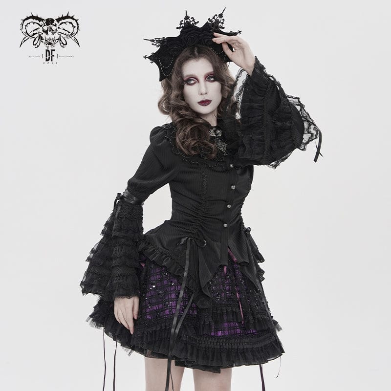 DEVILFASHION Women's Gothic Pinstripe Drawstring Flared Sleeved Shirt Black