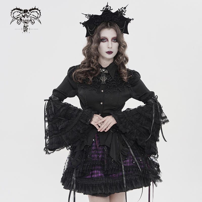 DEVILFASHION Women's Gothic Pinstripe Drawstring Flared Sleeved Shirt Black