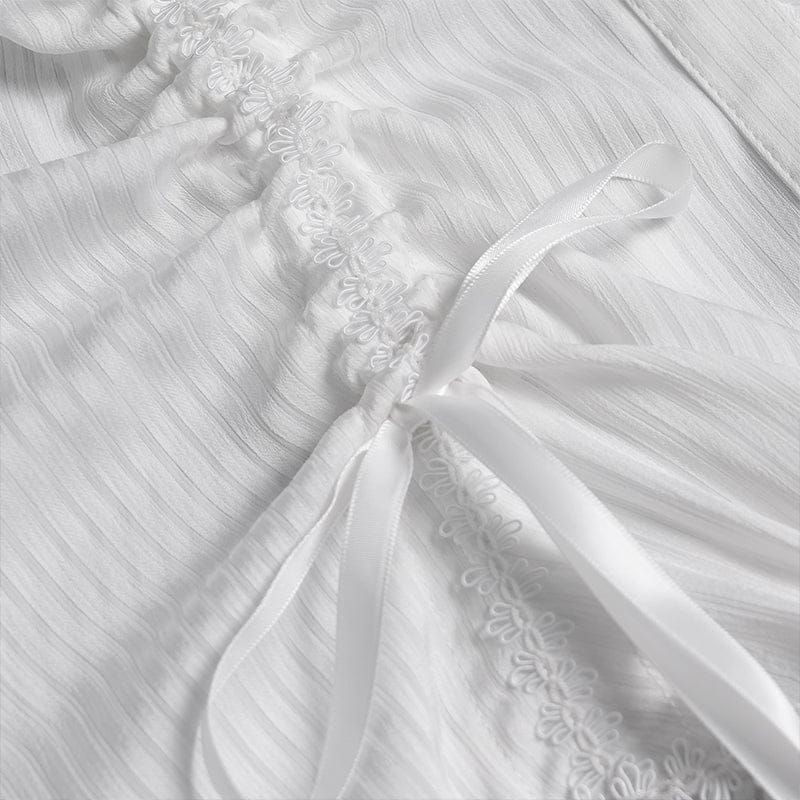 DEVILFASHION Women's Gothic Pinstripe Drawstring Flared Sleeved Shirt White